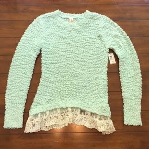 Sea foam green popcorn chenille & lace sweater
